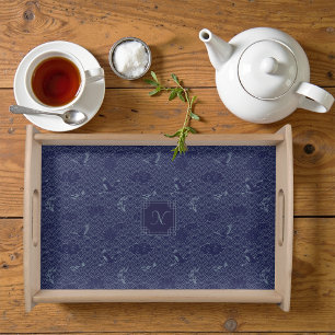 Blue Traditional Japanese Wave Seigaiha Monogram Serving Tray