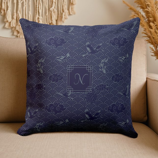 Blue Traditional Japanese Wave Seigaiha Monogram Throw Pillow (Creator Uploaded)