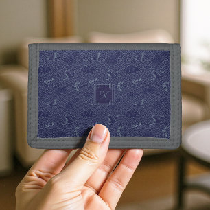 Blue Traditional Japanese Wave Seigaiha Monogram Tri-fold Wallet