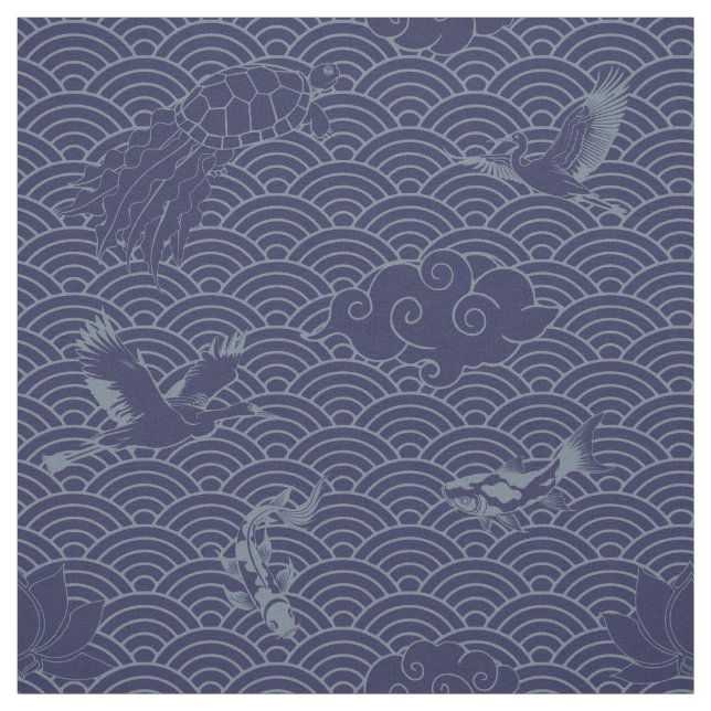 Blue Traditional Japanese Wave Seigaiha Pattern Fabric (Swatch)