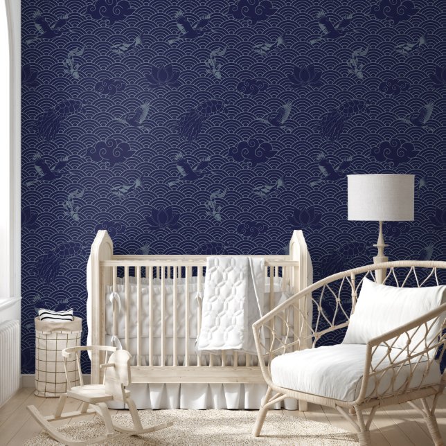 Blue Traditional Japanese Wave Seigaiha Pattern Wallpaper (Kids)