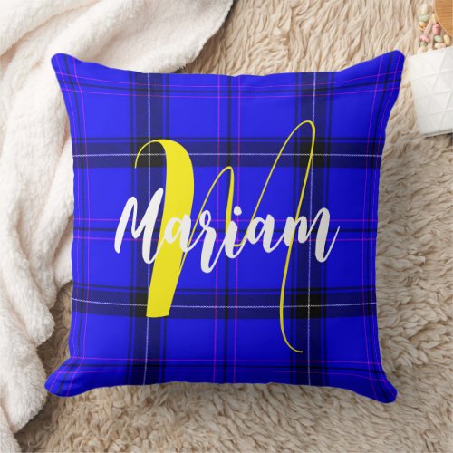 Blue Traditional Tartan Plaid - Name Monogrammed Throw Pillow