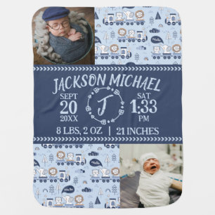 Blue Train Adventure Birth Stats Baby Blanket