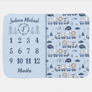 Blue Train Adventure Milestone Baby Blanket
