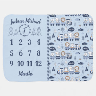Blue Train Adventure Milestone Baby Blanket
