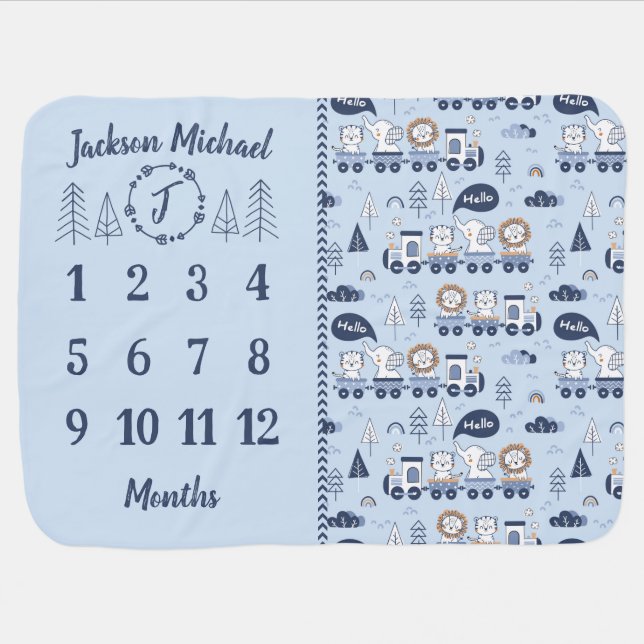 Blue Train Adventure Milestone Baby Blanket (Horizontal)