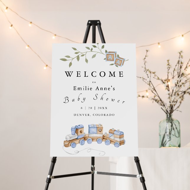 Blue Train and Blocks Baby Shower Invitation Foam Board (In Situ (Stand))