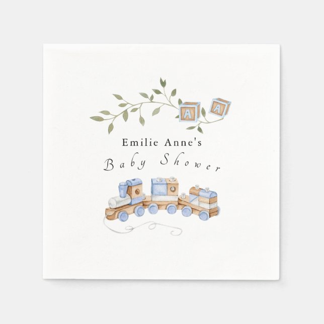 Blue Train and Blocks Baby Shower napkins (Front)