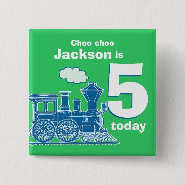 Blue train birthday name and age 5 green badge pinback button (Front)