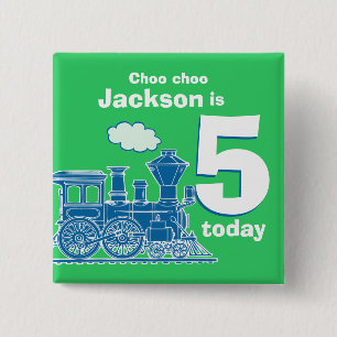 Blue train birthday name and age 5 green badge pinback button