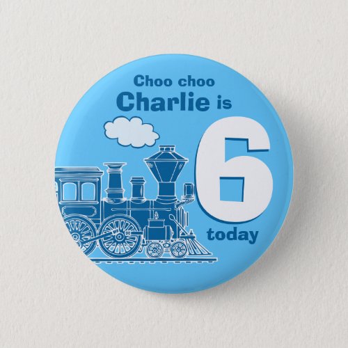 Blue train birthday name and age button  badge
