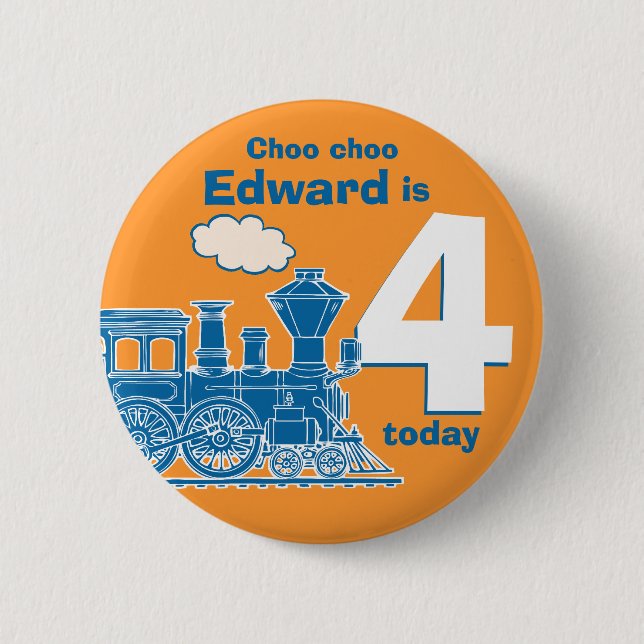 Blue train birthday name and age orange badge button (Front)