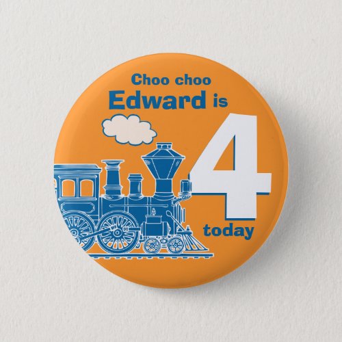 Blue train birthday name and age orange badge button