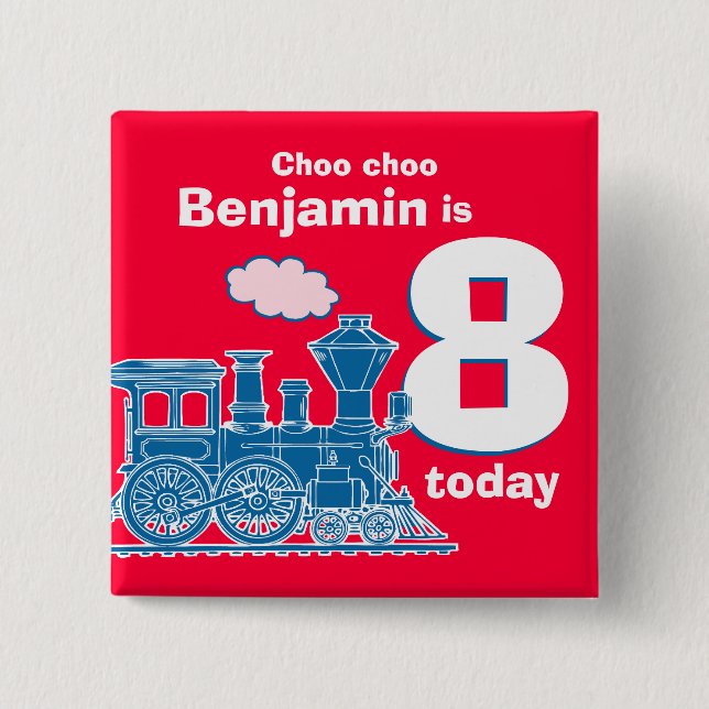Blue train birthday name and age red badge button (Front)