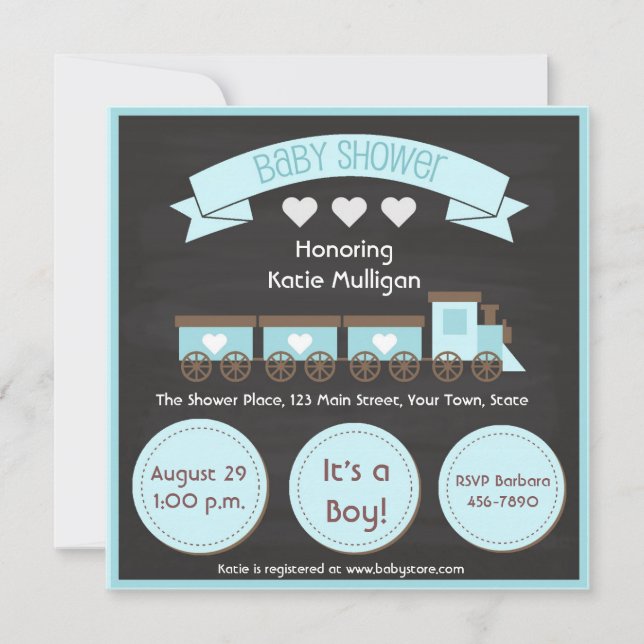 Blue Train, Chalkboard, Boy Baby Shower Invitation (Front)