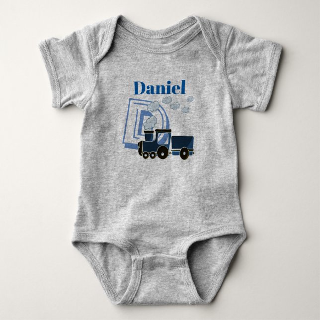 Blue Train Design Personalised Baby Grow Bodysuit (Front)