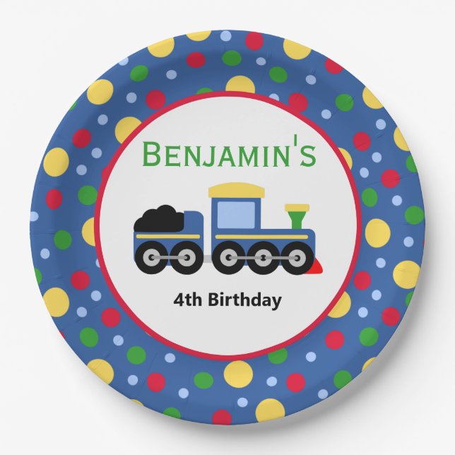 Blue Train Engine and Coal Car Birthday Paper Plates (Front)