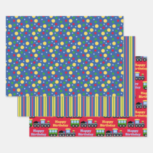 Blue Train Engine and Coal Car Birthday  Wrapping Paper Sheets