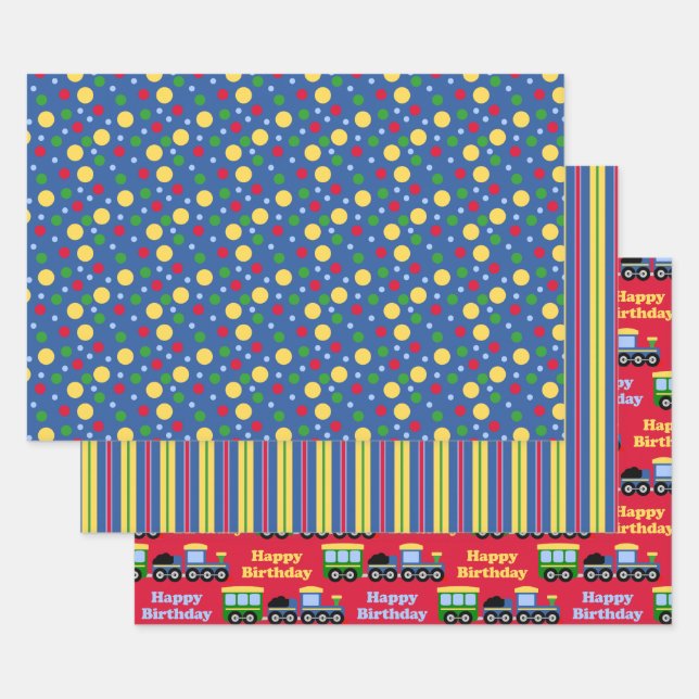 Blue Train Engine and Coal Car Birthday  Wrapping Paper Sheets (Set)