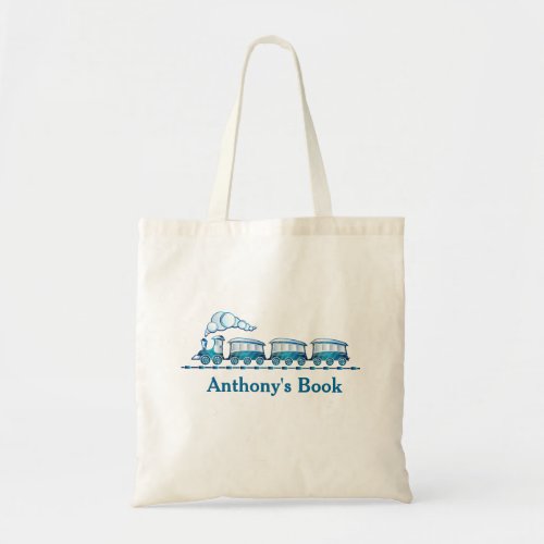 Blue train kids named library tote bag