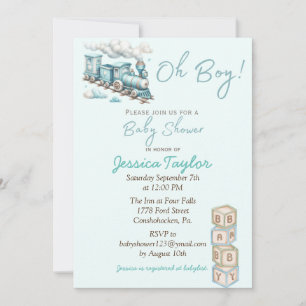 Blue Train Oh Boy baby shower invitation