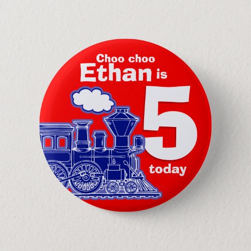 Blue train red birthday name age 5 button