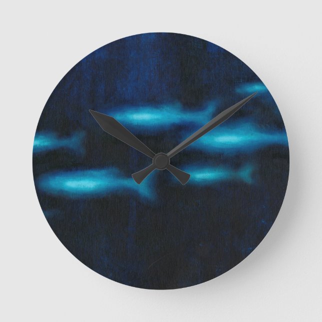 Blue Translucent Fish Silhouettes Round Clock (Front)