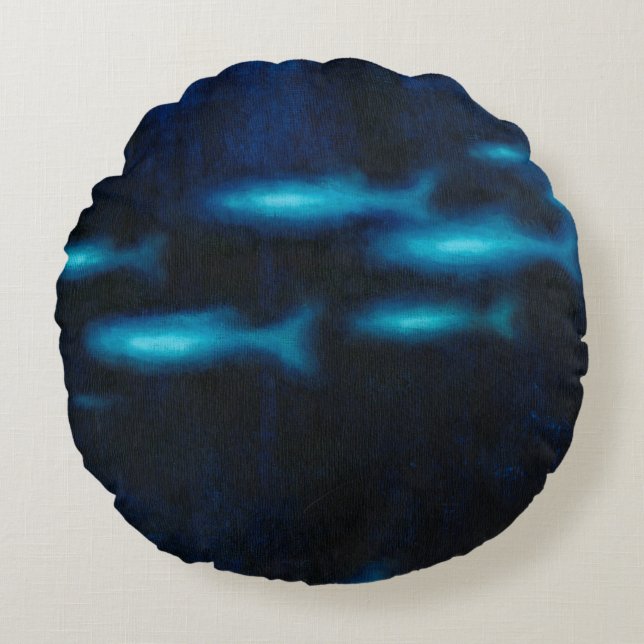 Blue Translucent Fish Silhouettes Round Pillow (Front)