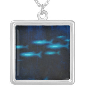 Blue Translucent Fish Silhouettes Silver Plated Necklace
