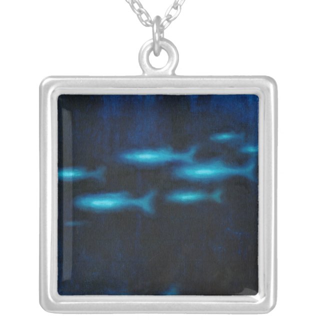 Blue Translucent Fish Silhouettes Silver Plated Necklace (Front)