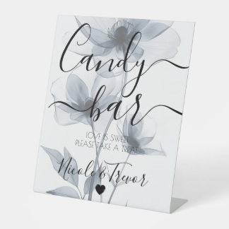Blue Translucent Flowers Calligraphy Candy Bar Pedestal Sign