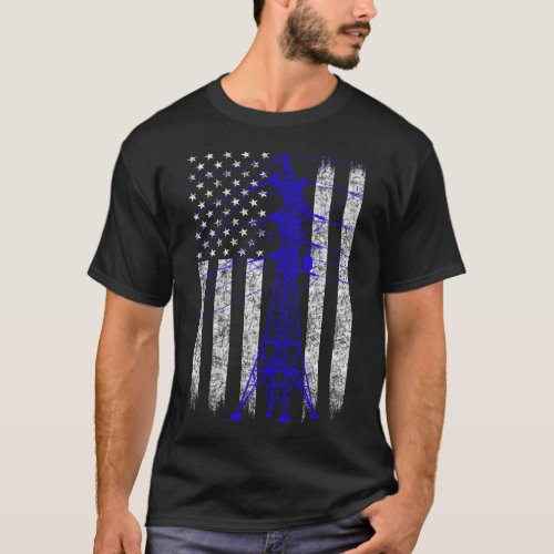 Blue Transmission Tower American Flag Line T_Shirt