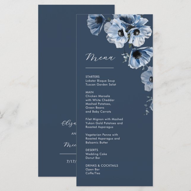 Blue Transparent Flowers Weddding Menu (Front/Back)