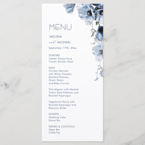 Blue Transparent Flowers Wedding Menu