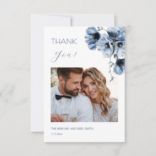 Blue Transparent Flowers Wedding Thank You Card (Front)
