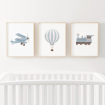 Blue Transportation Nursery Decor Biplane Train Wall Art Sets