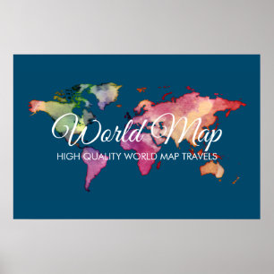Blue Travel Agency Colorful Watercolor World Map Poster