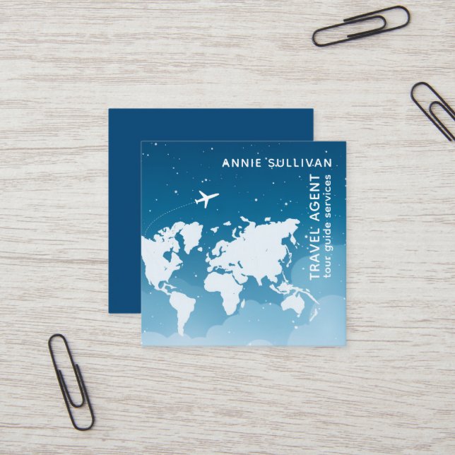 Blue Travel Agent World Map and Plane  Square Business Card (Front/Back In Situ)
