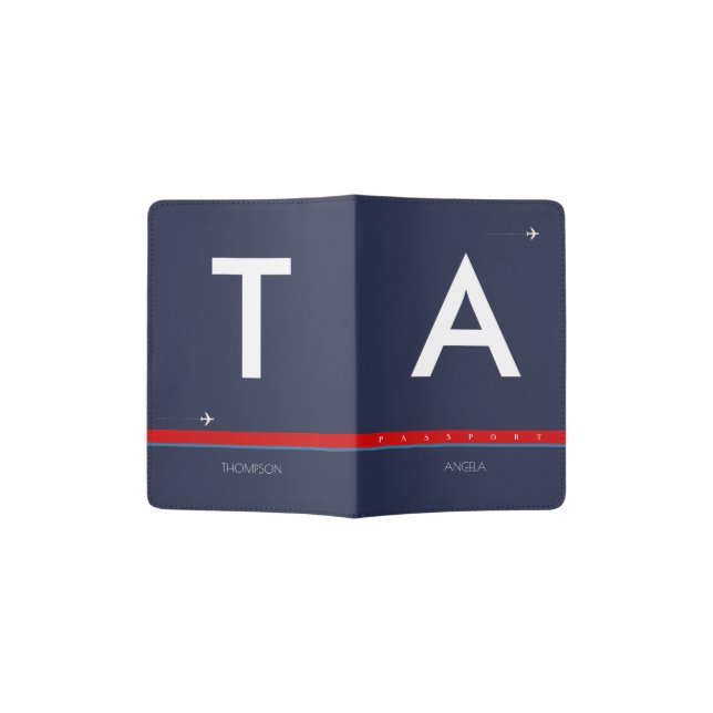 blue travel passport cover with name & initials (Opened)
