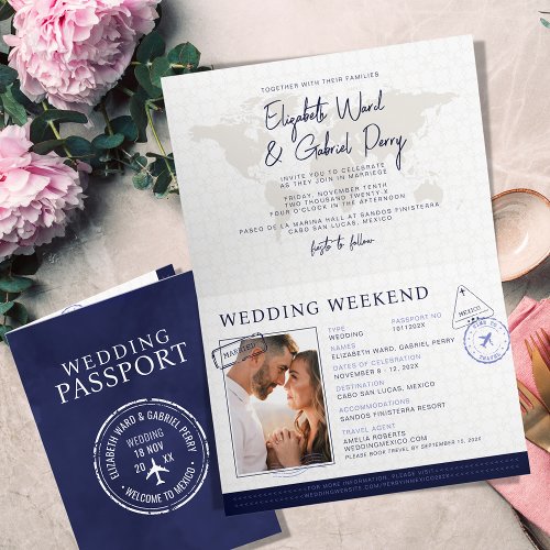Blue Travel Passport Destination Wedding  Invitation