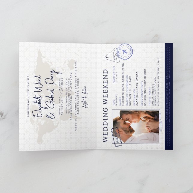 Blue Travel Passport Destination Wedding  Invitation (Inside)