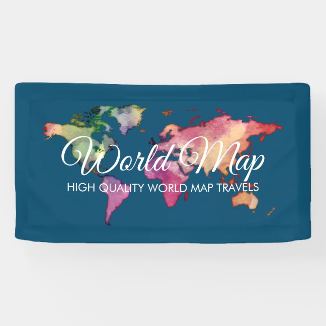 Blue Travel Retro Colorful Watercolor World Map Banner