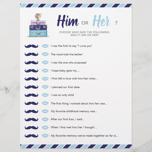 Blue Travel Shower Baby Bridal Him or Her Game (Front)