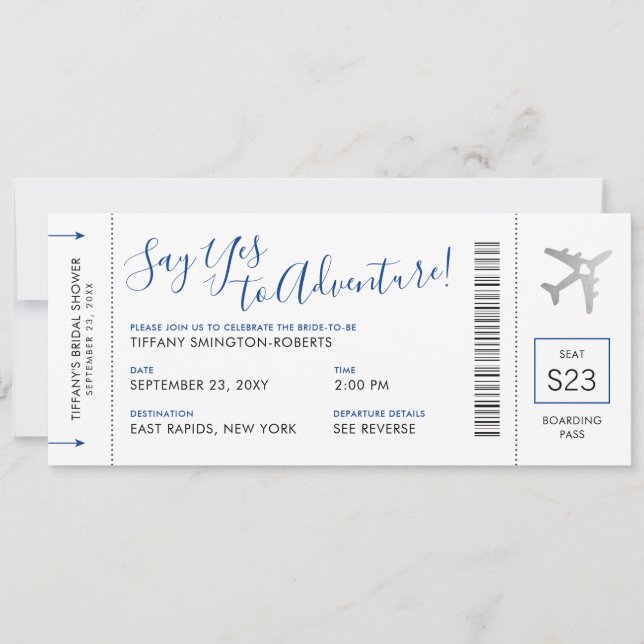 Blue Travel Theme Bridal Shower Boarding Pass Invitation (Front)