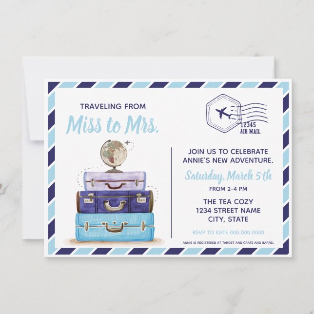 Blue travel theme bridal shower invitation (Front)