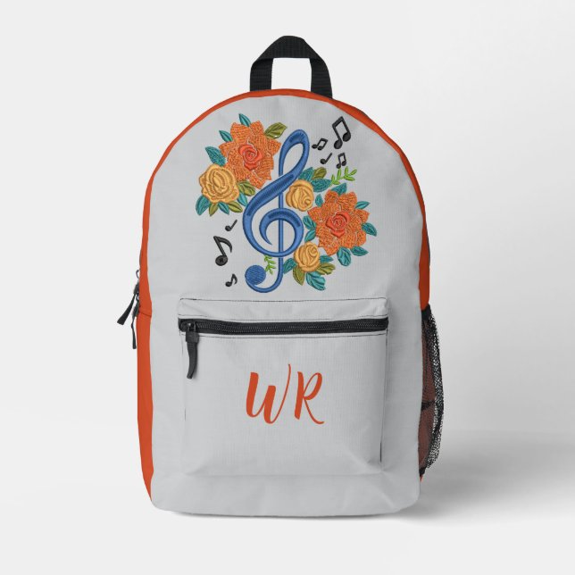 Blue Treble Clef Music Note Orange Initials Printed Backpack (Front)