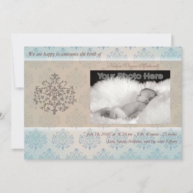 Blue tree baby boy birth announcement (Front)