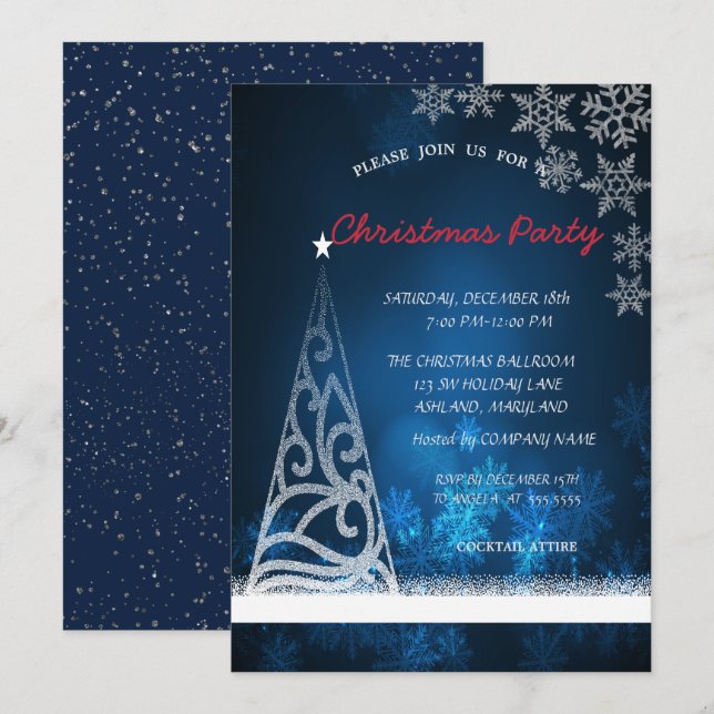 Blue, Tree,Confetti  Corporate Christmas Party Invitation (Front/Back)