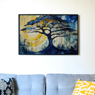 Blue Tree in Moonlight Decoupage Tissue Paper