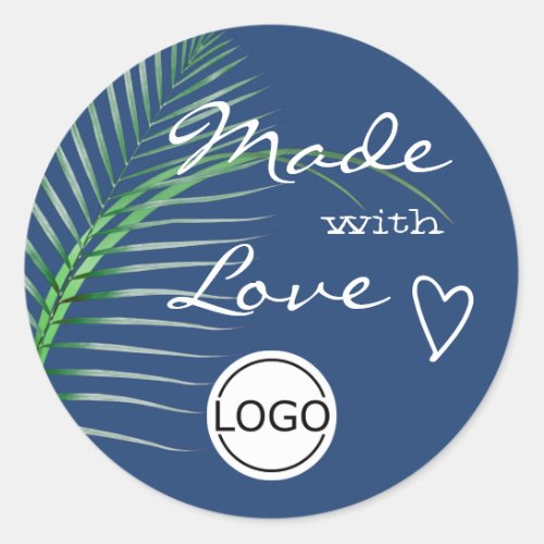Blue Tree Leaf Made with Love Logo Image Template Classic Round Sticker